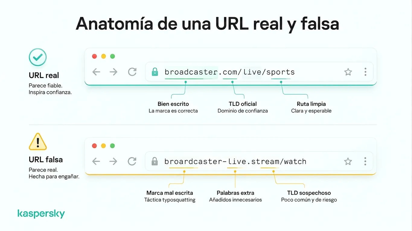 Comparación entre una URL legítima y una falsa para ver la Copa del Mundo en streaming.