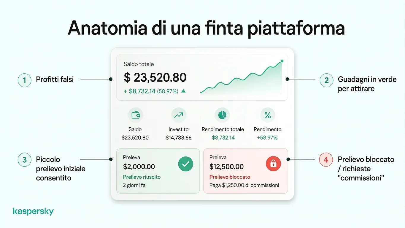 Piattaforma d'investimento falsa che mostra profitti falsificati, un prelievo iniziale consentito e un prelievo maggiore bloccato da commissioni
