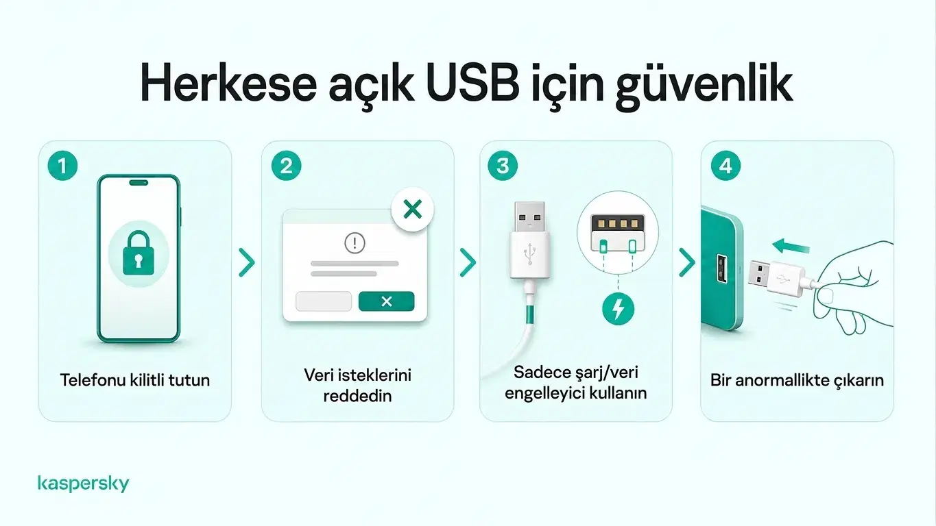 Kamuya açık USB şarj güvenliği için dört ipucu: telefonunuzu kilitleyin, veri isteklerini reddedin, bir veri engelleyici kullanın ve şüphe halinde bağlantıyı kesin