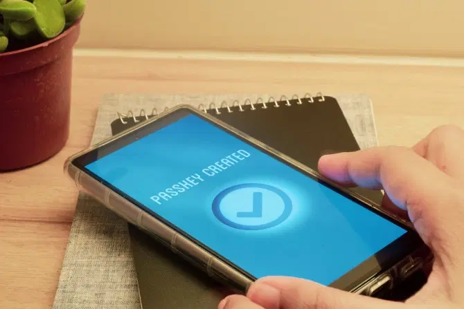 Uma mão concluindo as etapas para criar uma chave de acesso em um smartphone