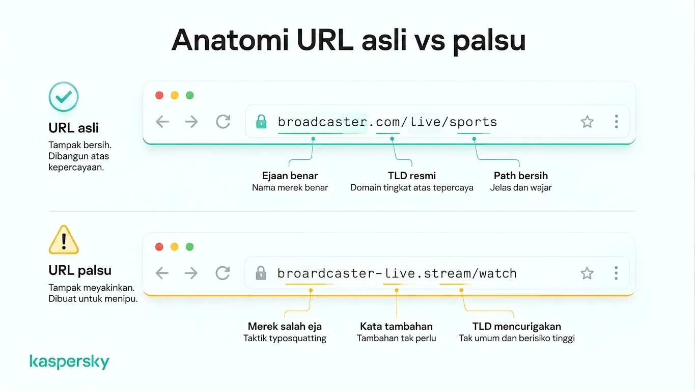 Perbandingan URL streaming Piala Dunia yang sah dan yang palsu.