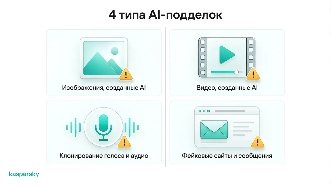Четыре распространённых AI‑фейка: изображения, видео, клонирование голоса и фальшивые сайты
