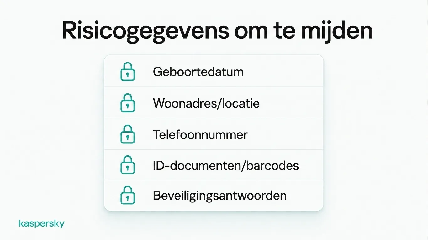 Vijf risicovolle gegevens om niet online te delen: geboortedatum, locatie, telefoonnummer, identiteitsdocumenten en antwoorden op beveiligingsvragen