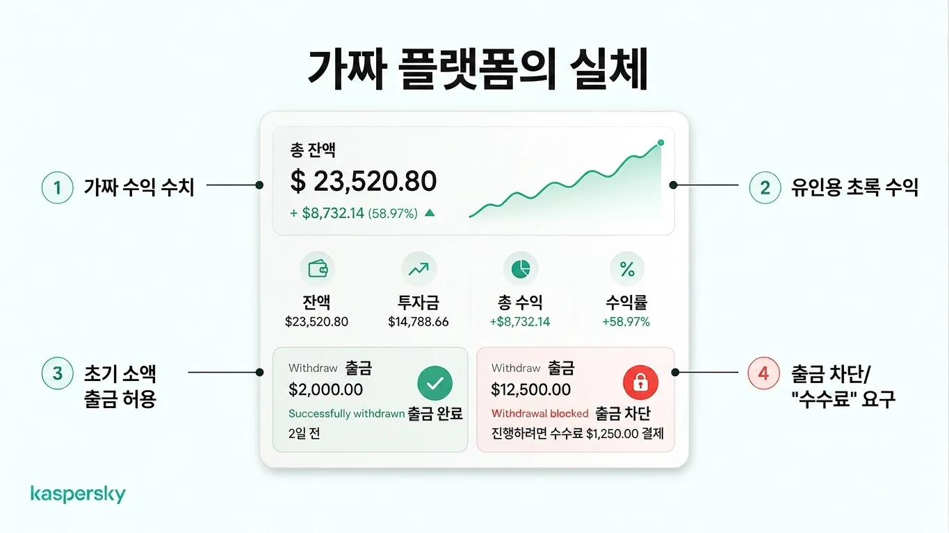가짜 투자 플랫폼이 거짓 수익을 보여주고 초기 소액 인출을 허용한 뒤 큰 인출을 수수료로 막는 모습