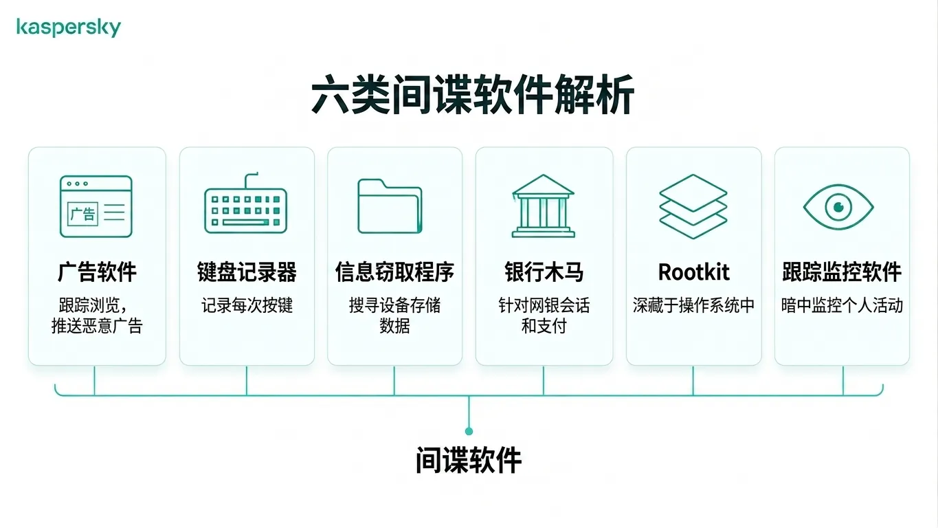 信息图:展示六种常见间谍软件类型,包括广告软件、按键记录器和rootkit