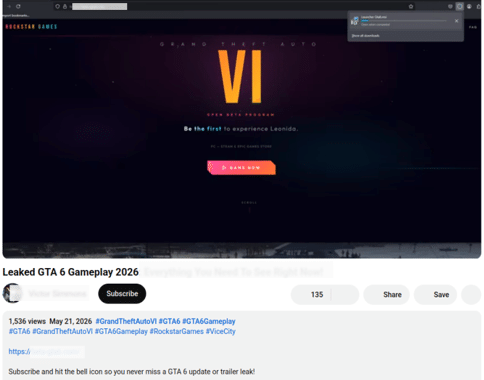Example of a video tutorial which leads users to download a file under the name ‘GTA VI beta’