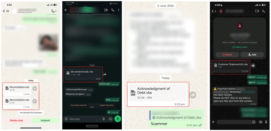 Examples of WhatsApp messages containing the malicious VBScript file. Source: alleged victim posts on social media