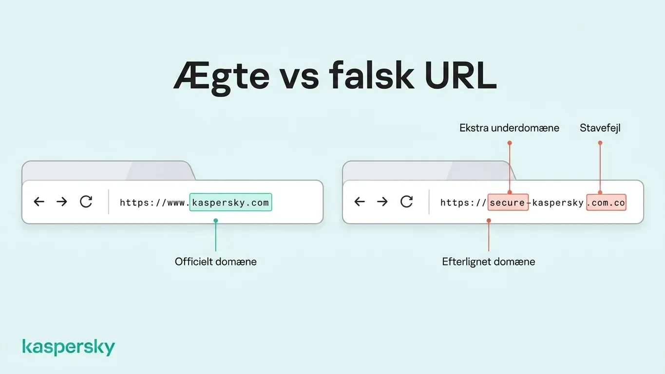 Sammenligning af en officiel Kaspersky‑URL med et lookalike‑domæne, der viser mistænkelige ændringer i webadressen