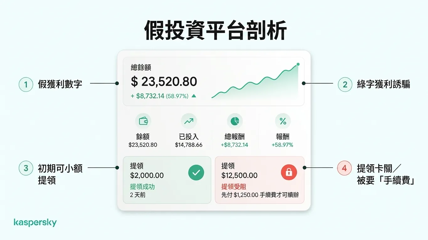 假投資平台示意:顯示偽造利潤、早期提款成功,以及後續因費用而被阻擋的大額提款。
