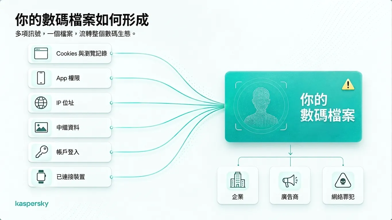 Digital profile built from browsing data, app permissions, IP addresses, metadata, and connected devices