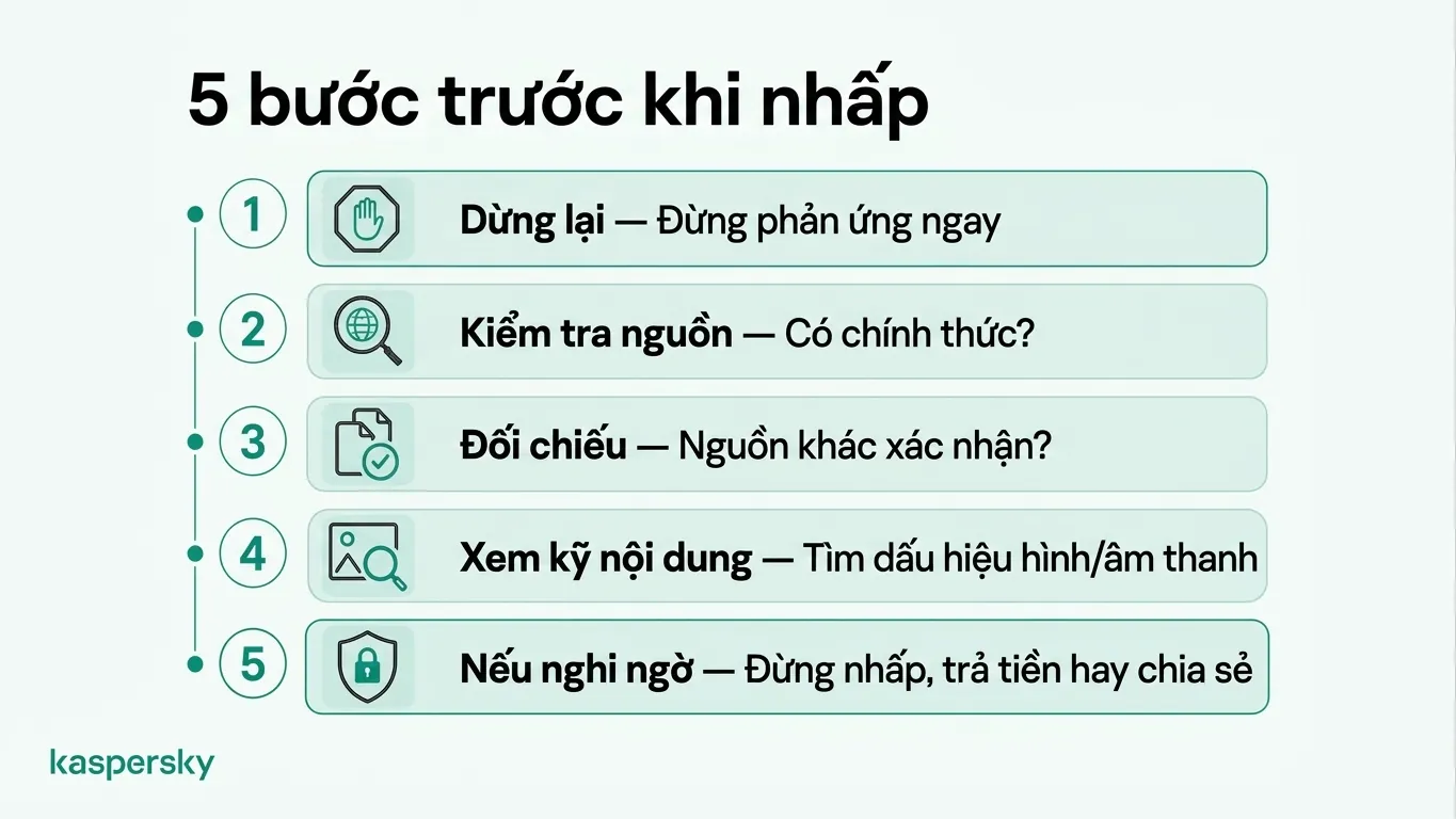 Danh sách kiểm tra 5 bước để kiểm chứng nội dung đáng ngờ trước khi nhấp