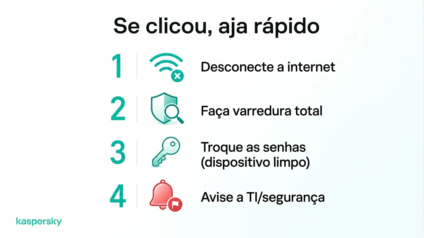 Passos a seguir após clicar em um link suspeito, desde se desconectar até denunciar o incidente