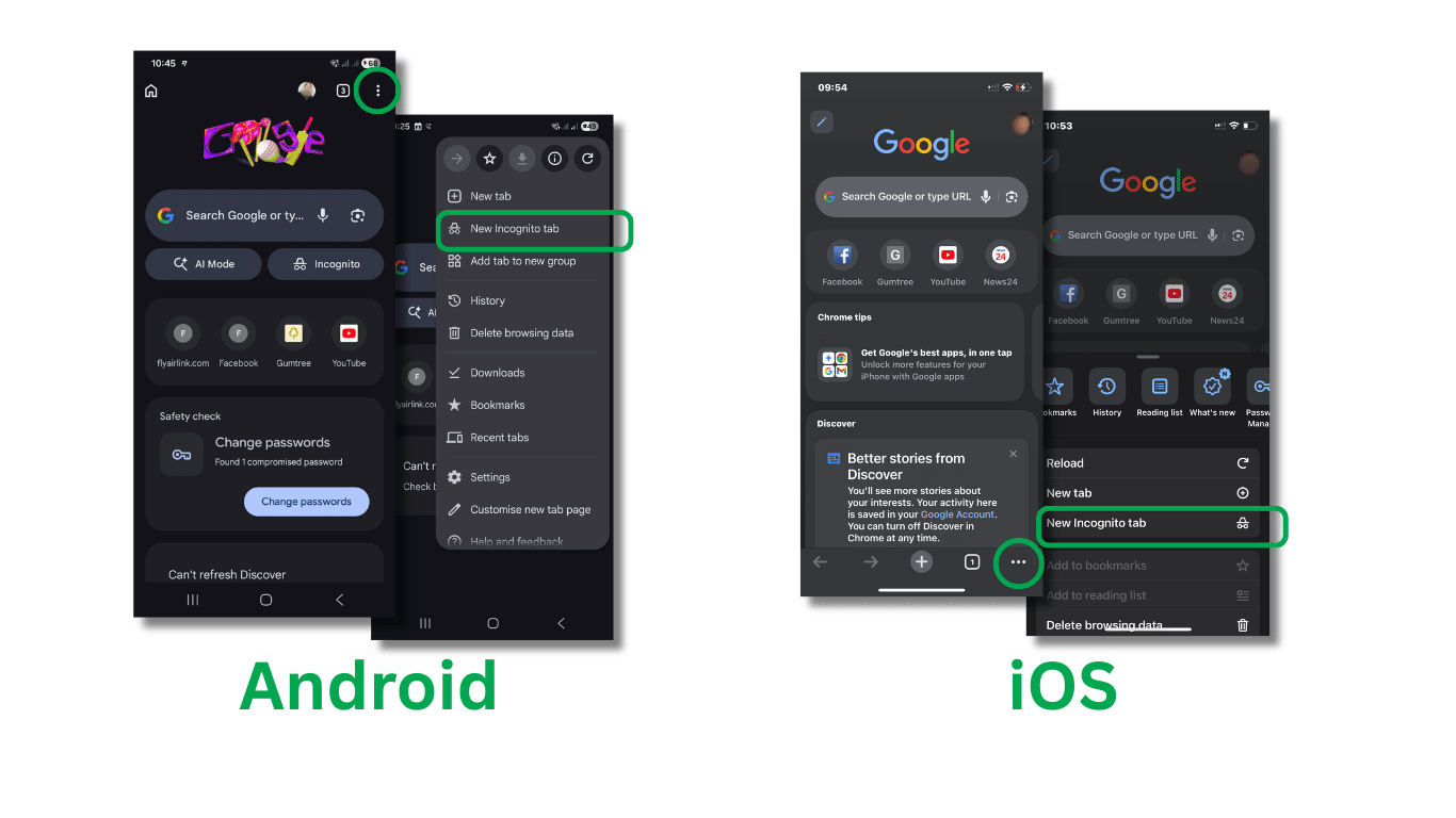 Chrome on Android and iOS with the three-dot menu open and New Incognito Tab highlighted.