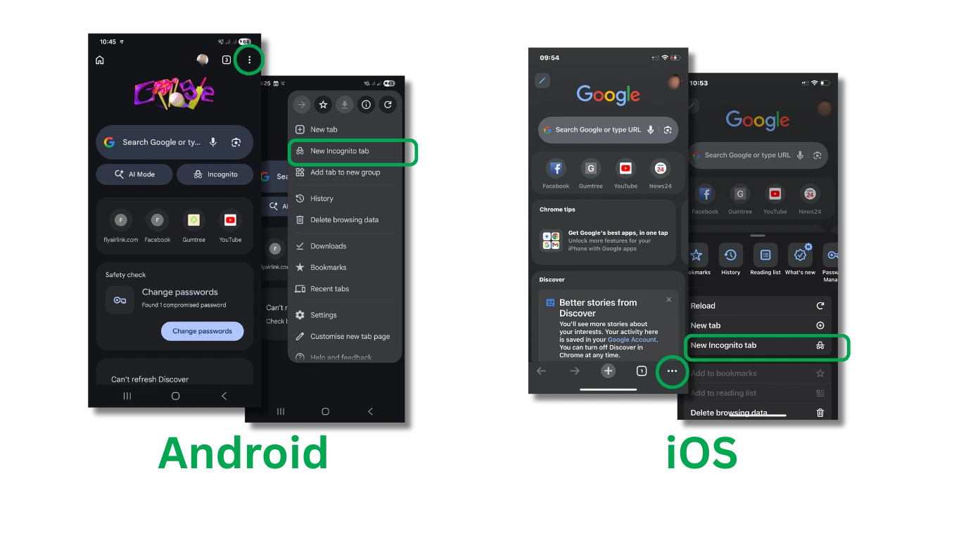 Chrome على Android وiOS مع فتح قائمة النقاط الثلاث وتحديد خيار New Incognito Tab.