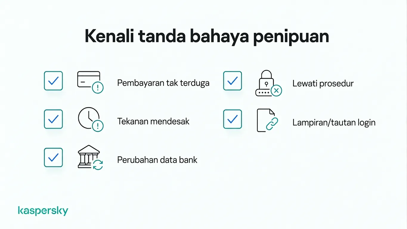 Tanda peringatan umum penipuan bisnis, termasuk permintaan pembayaran mendesak dan tautan mencurigakan