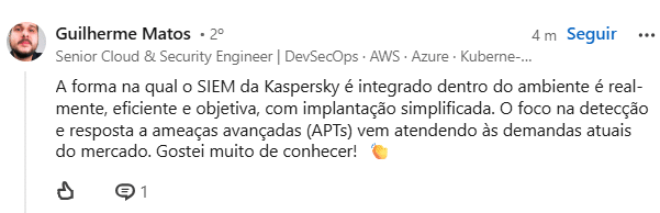 comentário positivo sobre a Kaspersky no Linkedin