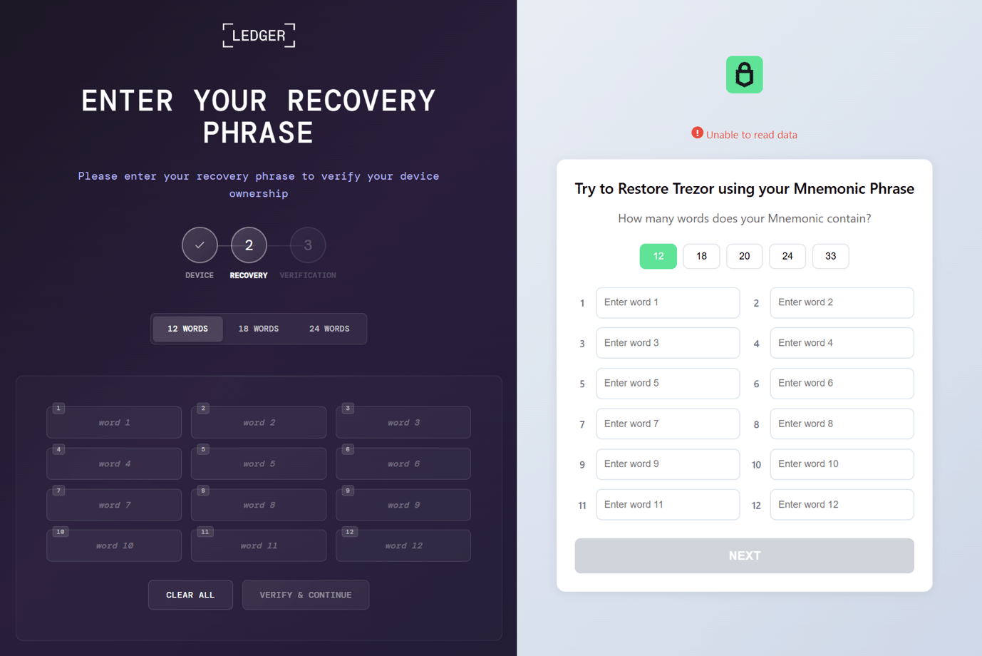 Phishing pages for seed phrase recovery used in OkoBot campaign