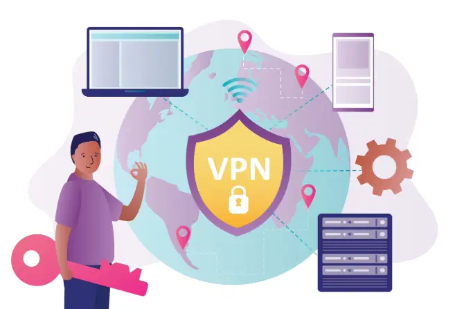 Vektorbilde av en person som holder en gigantisk nøkkel, og gestikulerer mot en globus med VPN-symbol.