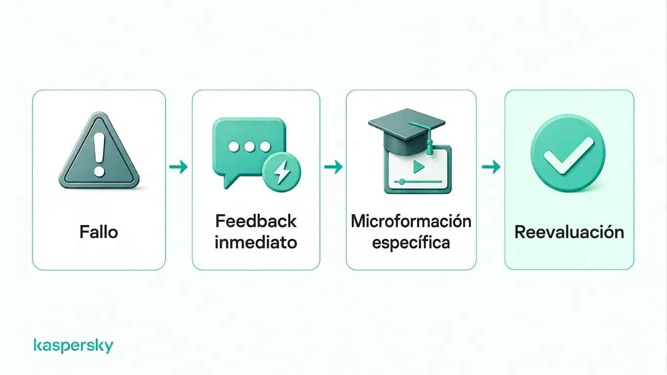 Ciclo de retroalimentación de simulación de phishing que va desde una prueba fallida hasta la retroalimentación, la formación focalizada y la re-evaluación