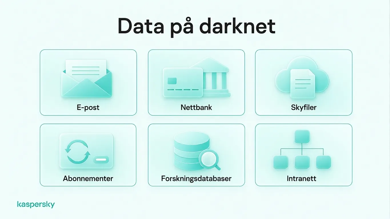 Eksempler på innhold i dypnettet, inkludert e‑post, nettbank, skylagring, abonnementer, forskningsdatabaser og intranett