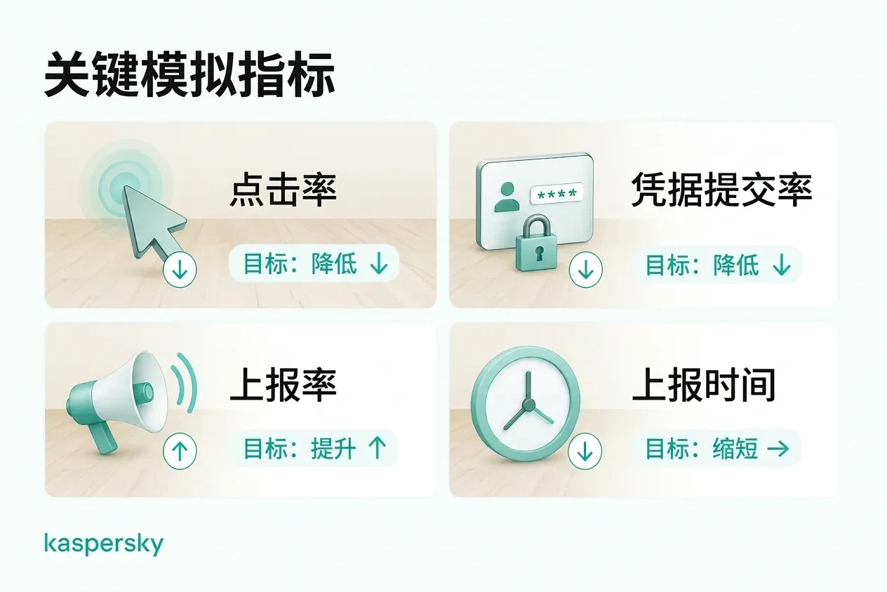 关键钓鱼模拟指标，包括点击率、凭证提交率、上报率与上报时效