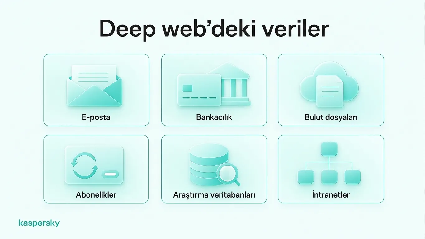 Derin Web içeriğine örnekler: e-posta, internet bankacılığı, bulut depolama, abonelikler, araştırma veritabanları ve intranetler