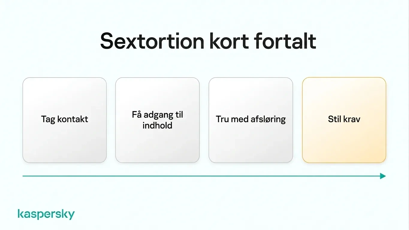 Fire trin i sextortion: oprettelse af kontakt, adgang til materiale, trussel om offentliggørelse og krav om betaling/handling