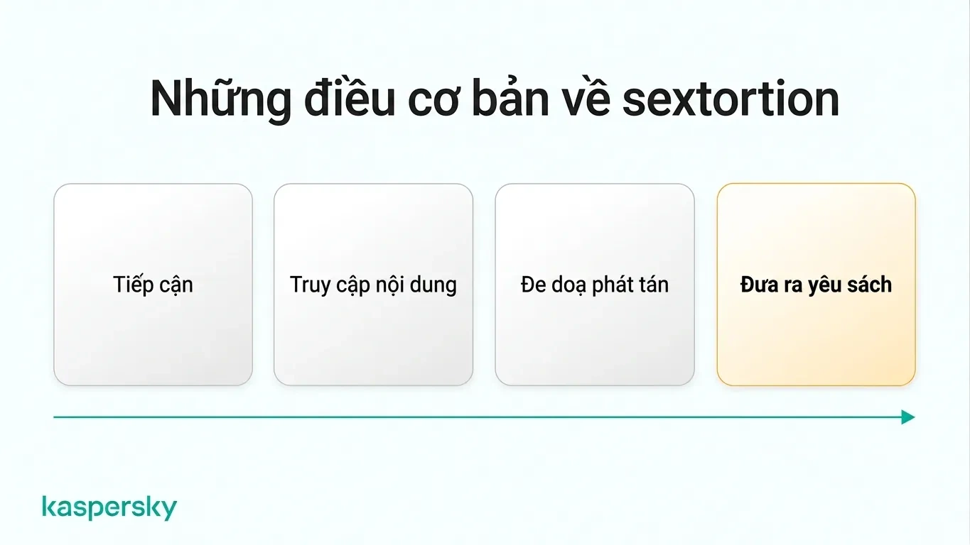 Bốn giai đoạn của tống tiền tình dục: tiếp cận, chiếm lấy nội dung, đe doạ tiết lộ, và đưa ra yêu cầu