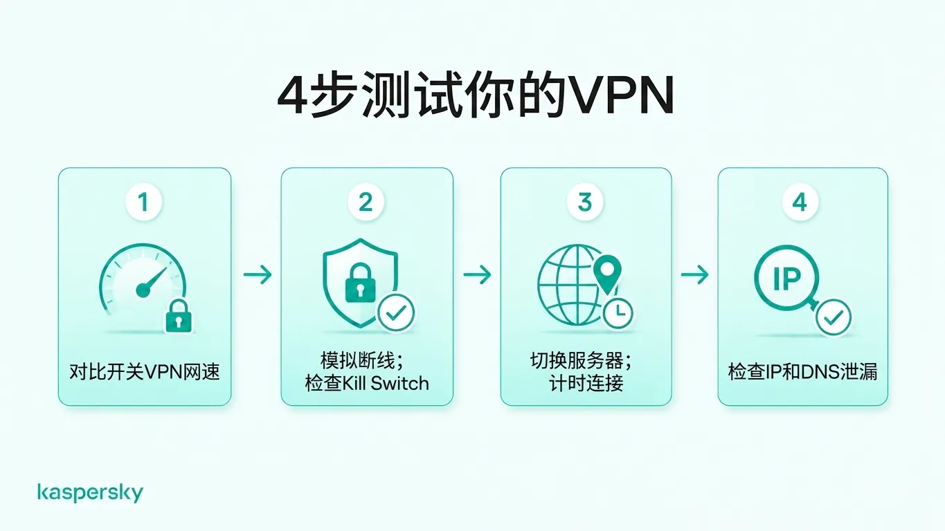 四步 VPN 测试清单:涵盖连接速度、断线保护、服务器切换,以及 IP 与 DNS 泄露检测。