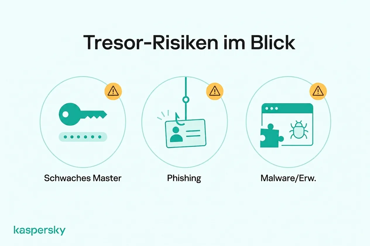 Infografik, die Risiken von Passwortmanagern durch schwache Master‑Passwörter, Phishing und schädliche Browser‑Erweiterungen zeigt